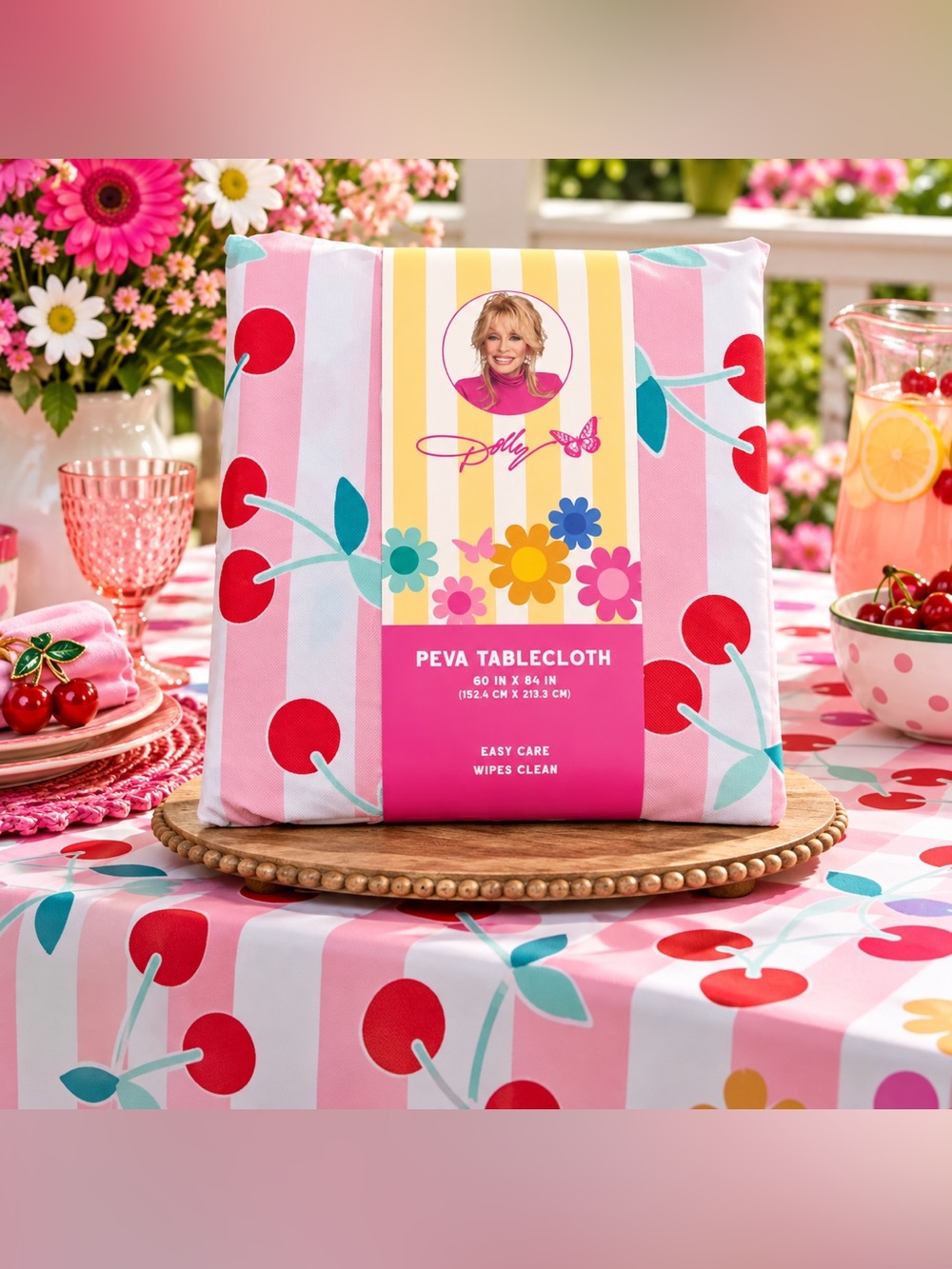 Dolly PEVA Pink Stripe Tablecloth with Red Cherry Print